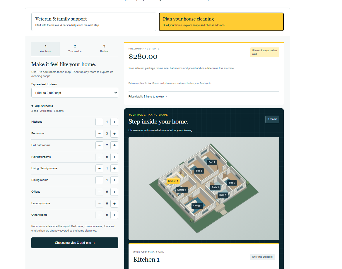Noble Meridian cleaning planner with room choices and an interactive home map